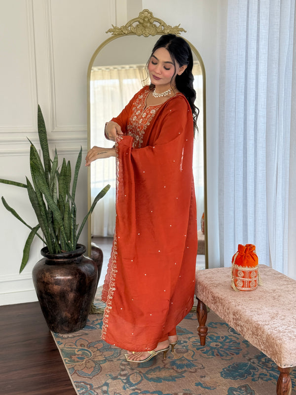 Viscose Chinon With Embroidery Kurti Pant Set With Dupatta