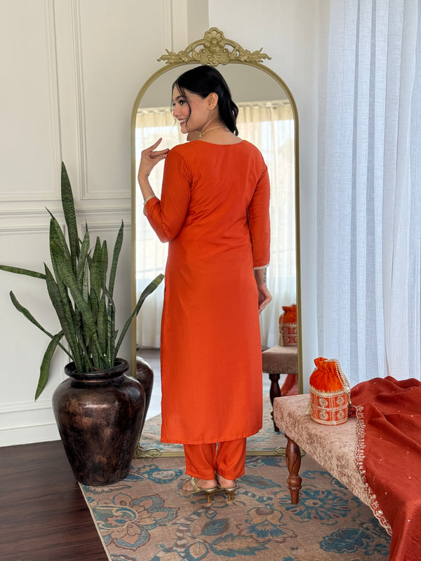 Viscose Chinon With Embroidery Kurti Pant Set With Dupatta