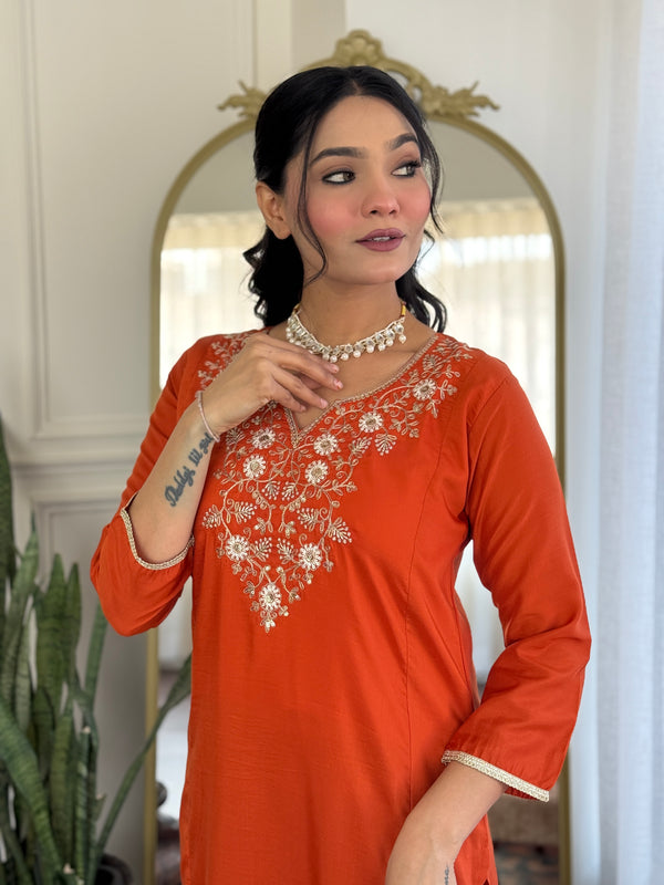 Viscose Chinon With Embroidery Kurti Pant Set With Dupatta
