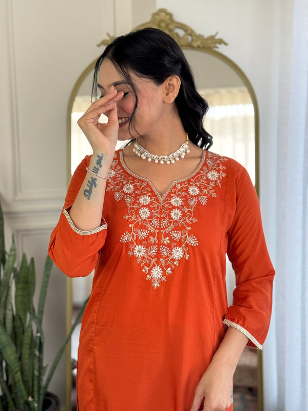Viscose Chinon With Embroidery Kurti Pant Set With Dupatta