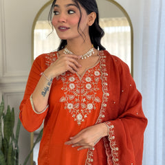 Viscose Chinon With Embroidery Kurti Pant Set With Dupatta