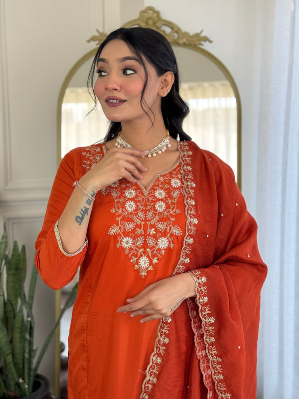 Viscose Chinon With Embroidery Kurti Pant Set With Dupatta
