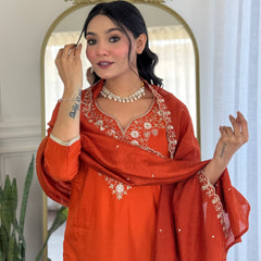 Viscose Chinon With Embroidery Kurti Pant Set With Dupatta