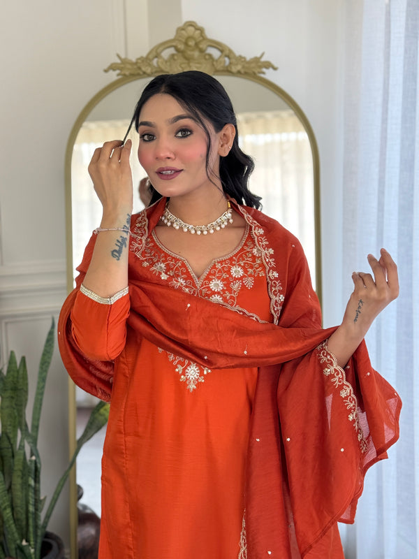 Viscose Chinon With Embroidery Kurti Pant Set With Dupatta