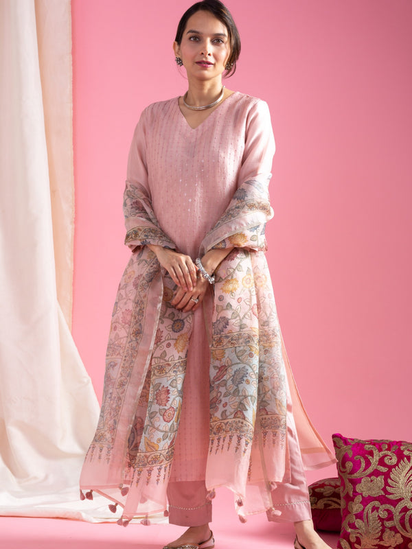 Women's Viscose Chanderi Embroidered Kurti Pant Set with Printed Tabby Organza Dupatta