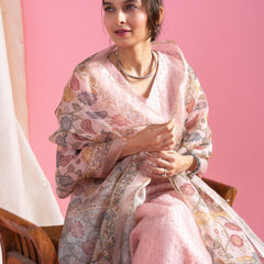 Women's Viscose Chanderi Embroidered Kurti Pant Set with Printed Tabby Organza Dupatta
