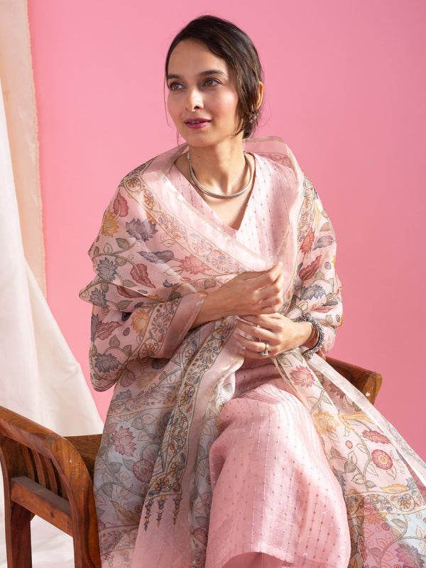 Women's Viscose Chanderi Embroidered Kurti Pant Set with Printed Tabby Organza Dupatta
