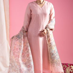 Women's Viscose Chanderi Embroidered Kurti Pant Set with Printed Tabby Organza Dupatta