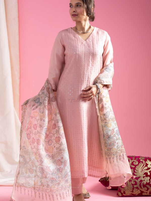 Women's Viscose Chanderi Embroidered Kurti Pant Set with Printed Tabby Organza Dupatta