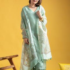 Women's Viscose Chanderi Embroidered Kurti Pant Set with Printed Tabby Organza Dupatta