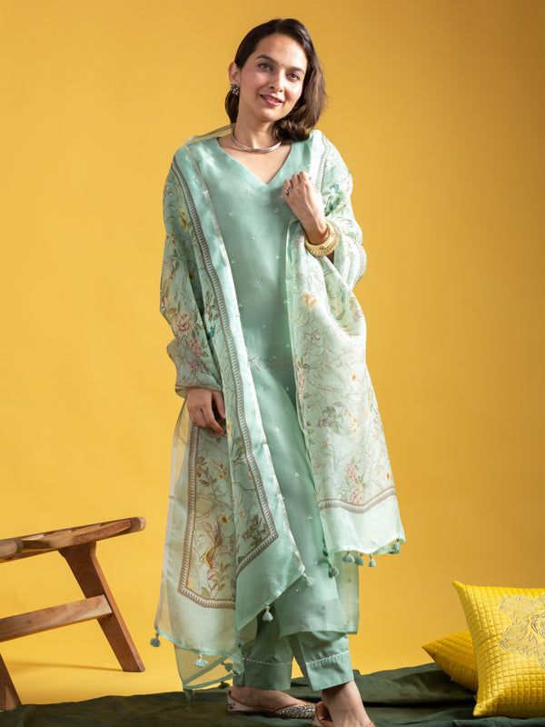 Women's Viscose Chanderi Embroidered Kurti Pant Set with Printed Tabby Organza Dupatta