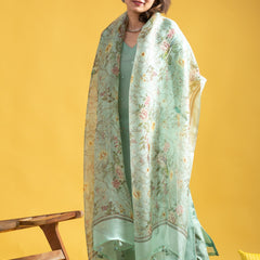 Women's Viscose Chanderi Embroidered Kurti Pant Set with Printed Tabby Organza Dupatta
