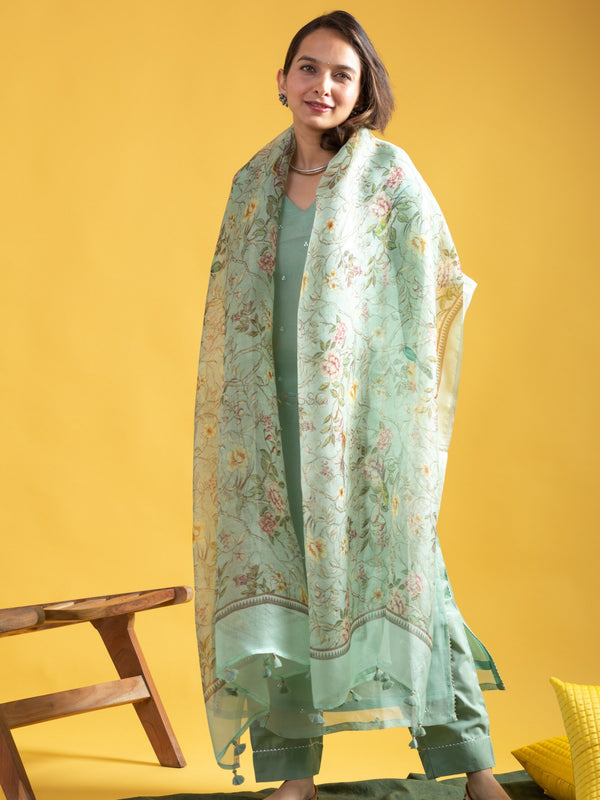 Women's Viscose Chanderi Embroidered Kurti Pant Set with Printed Tabby Organza Dupatta