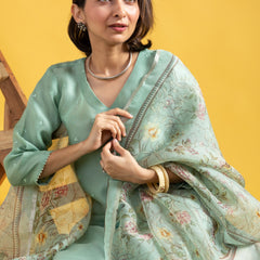 Women's Viscose Chanderi Embroidered Kurti Pant Set with Printed Tabby Organza Dupatta