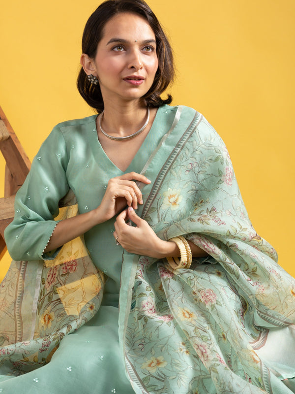 Women's Viscose Chanderi Embroidered Kurti Pant Set with Printed Tabby Organza Dupatta