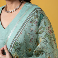 Women's Viscose Chanderi Embroidered Kurti Pant Set with Printed Tabby Organza Dupatta