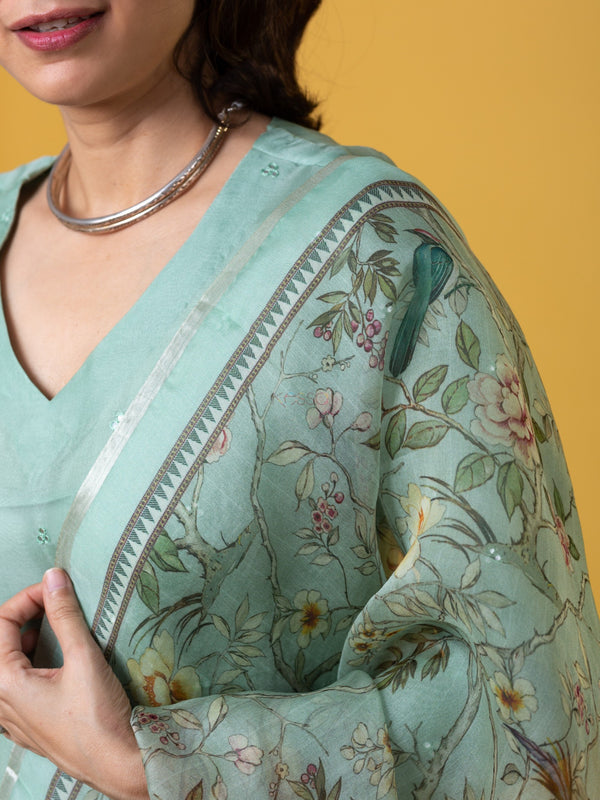 Women's Viscose Chanderi Embroidered Kurti Pant Set with Printed Tabby Organza Dupatta