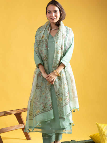 Women's Viscose Chanderi Embroidered Kurti Pant Set with Printed Tabby Organza Dupatta