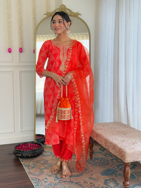 Women's French Crepe Embroidered Kurti Pant Set with Embroidered Organza Dupatta