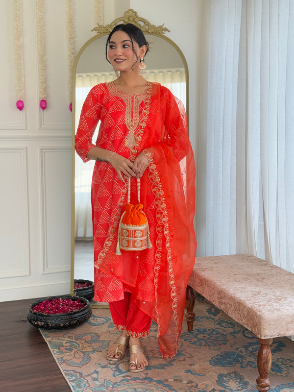 Women's French Crepe Embroidered Kurti Pant Set with Embroidered Organza Dupatta