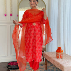 Women's French Crepe Embroidered Kurti Pant Set with Embroidered Organza Dupatta