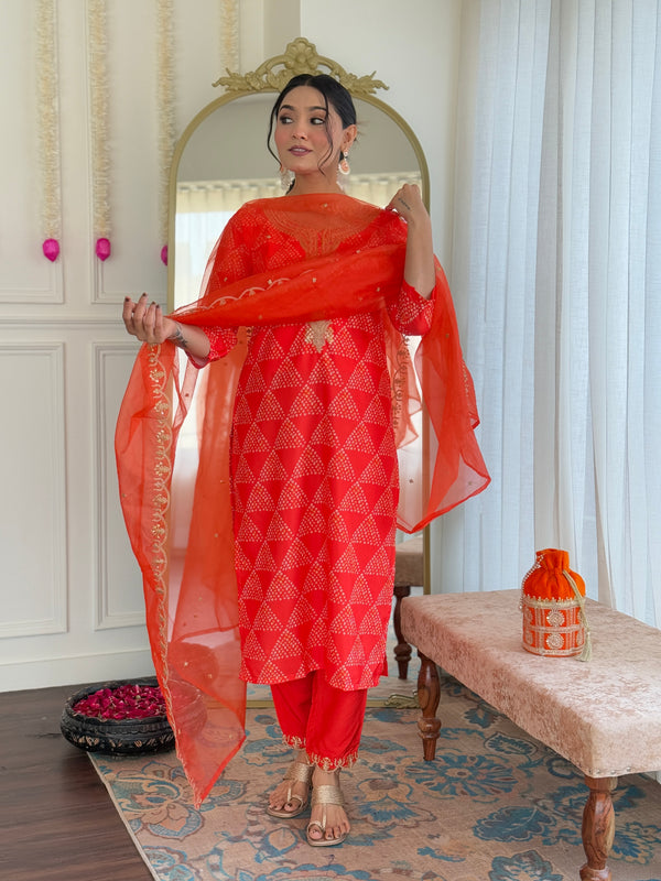 Women's French Crepe Embroidered Kurti Pant Set with Embroidered Organza Dupatta