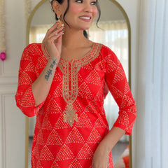 Women's French Crepe Embroidered Kurti Pant Set with Embroidered Organza Dupatta