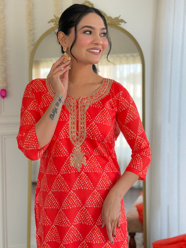 Women's French Crepe Embroidered Kurti Pant Set with Embroidered Organza Dupatta