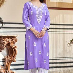 Women's Pure Rayon Embroidered Kurti with Cotton Schiffli Pant Set
