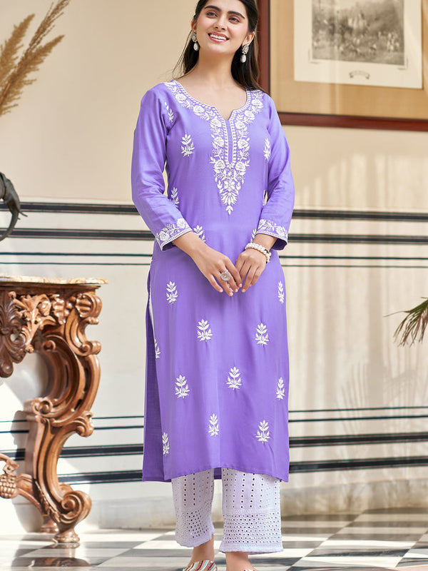 Women's Pure Rayon Embroidered Kurti with Cotton Schiffli Pant Set
