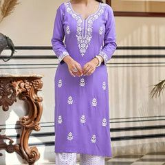 Women's Pure Rayon Embroidered Kurti with Cotton Schiffli Pant Set