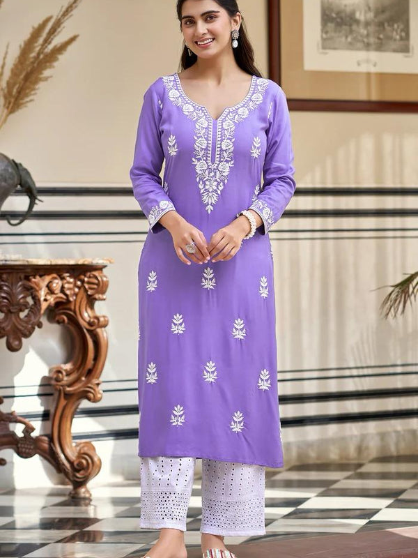 Women's Pure Rayon Embroidered Kurti with Cotton Schiffli Pant Set