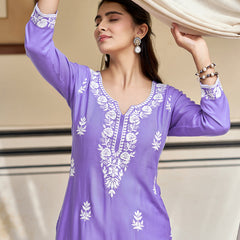 Women's Pure Rayon Embroidered Kurti with Cotton Schiffli Pant Set