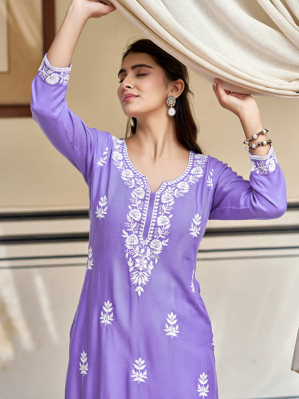 Women's Pure Rayon Embroidered Kurti with Cotton Schiffli Pant Set