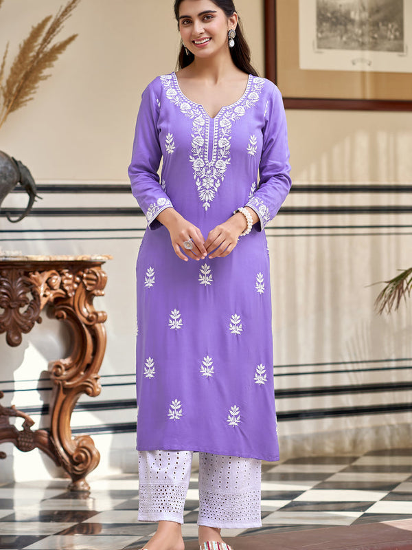 Women's Pure Rayon Embroidered Kurti with Cotton Schiffli Pant Set