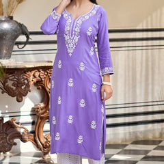 Women's Pure Rayon Embroidered Kurti with Cotton Schiffli Pant Set