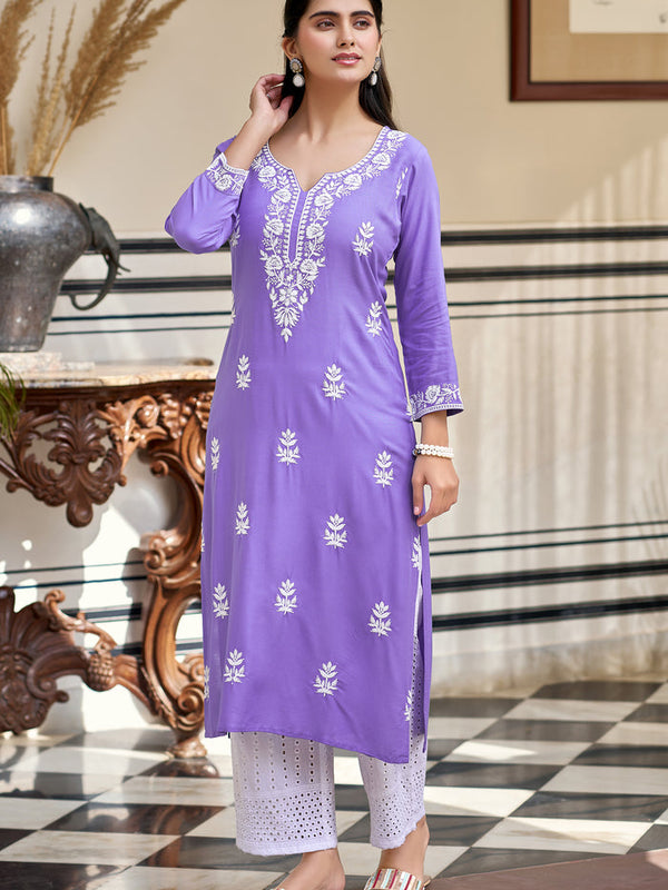 Women's Pure Rayon Embroidered Kurti with Cotton Schiffli Pant Set