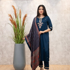 Women's Chanderi Silk Embroidered Kurti Pant Set with Printed Muslin Dupatta