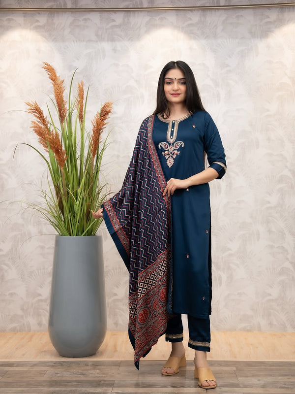 Women's Chanderi Silk Embroidered Kurti Pant Set with Printed Muslin Dupatta