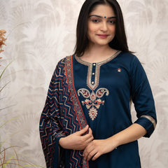 Women's Chanderi Silk Embroidered Kurti Pant Set with Printed Muslin Dupatta