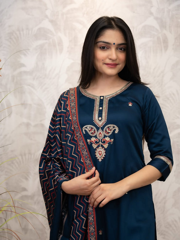 Women's Chanderi Silk Embroidered Kurti Pant Set with Printed Muslin Dupatta