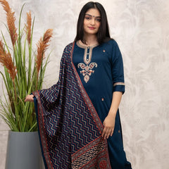 Women's Chanderi Silk Embroidered Kurti Pant Set with Printed Muslin Dupatta