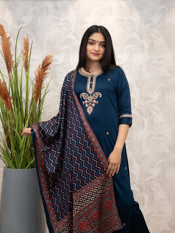 Women's Chanderi Silk Embroidered Kurti Pant Set with Printed Muslin Dupatta