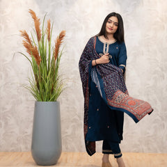 Women's Chanderi Silk Embroidered Kurti Pant Set with Printed Muslin Dupatta