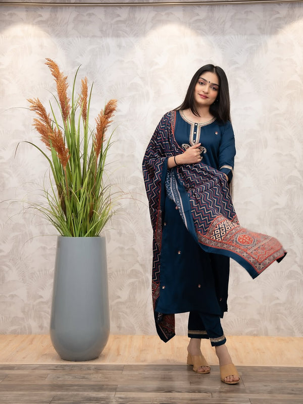 Women's Chanderi Silk Embroidered Kurti Pant Set with Printed Muslin Dupatta
