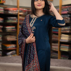 Women's Chanderi Silk Embroidered Kurti Pant Set with Printed Muslin Dupatta