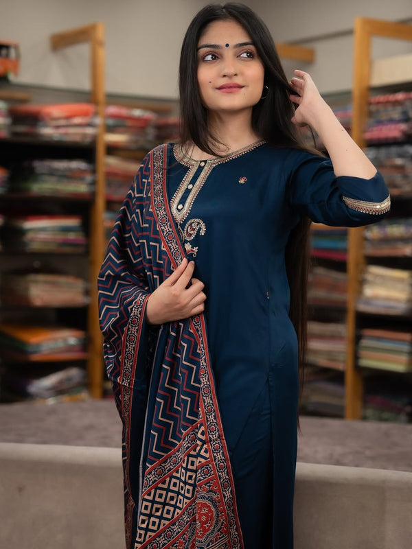 Women's Chanderi Silk Embroidered Kurti Pant Set with Printed Muslin Dupatta