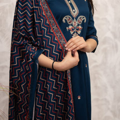 Women's Chanderi Silk Embroidered Kurti Pant Set with Printed Muslin Dupatta