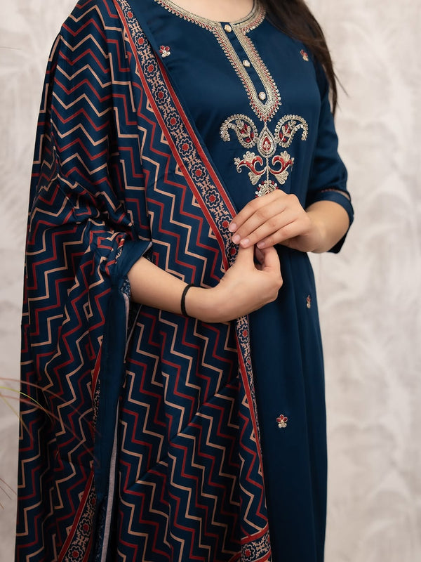 Women's Chanderi Silk Embroidered Kurti Pant Set with Printed Muslin Dupatta