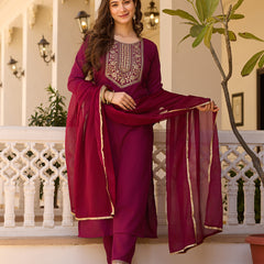 Women's Rayon Embroidered Kurti Pant Set with Solid Chinon Dupatta